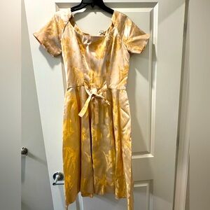 Bridgerton gold cream floral tie dress